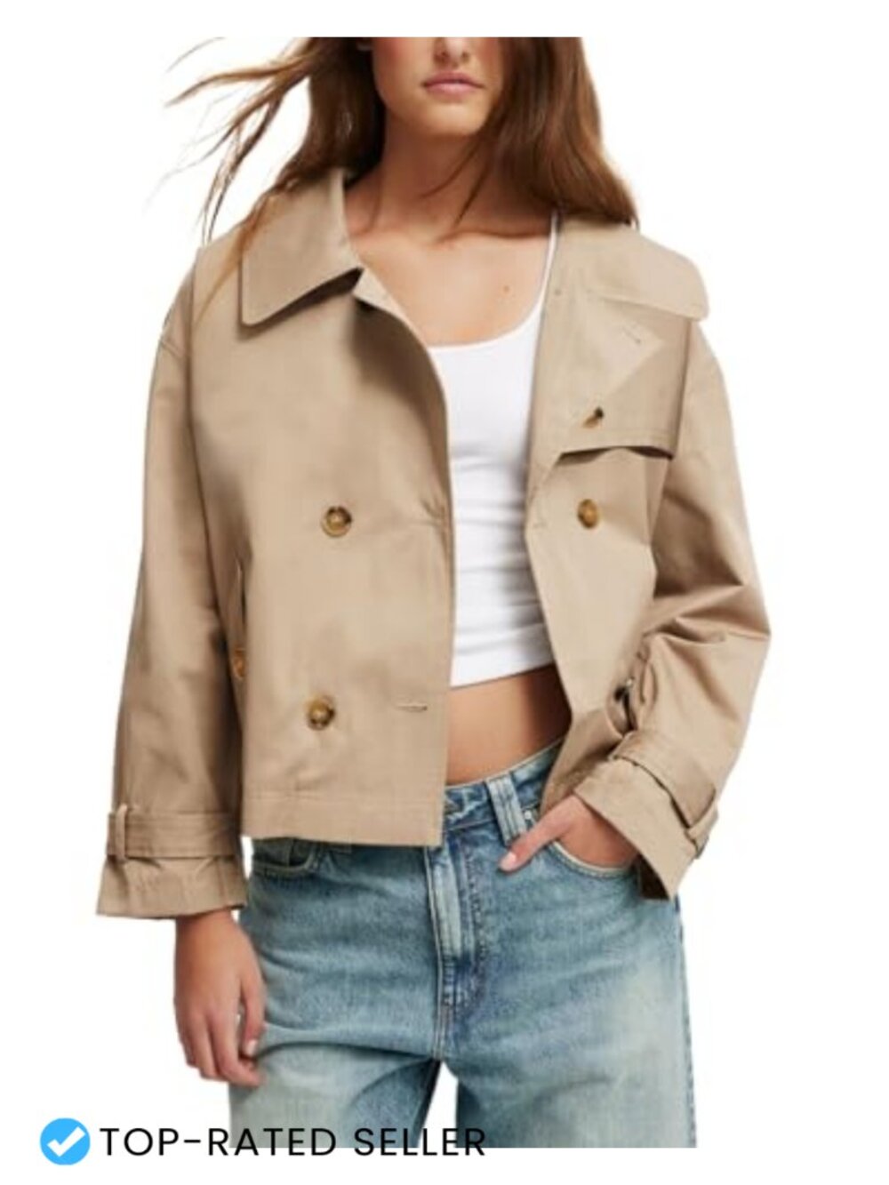 Cropped Trench Coat Double Breasted Notched Lapel Belted Cuff Cotton Blend